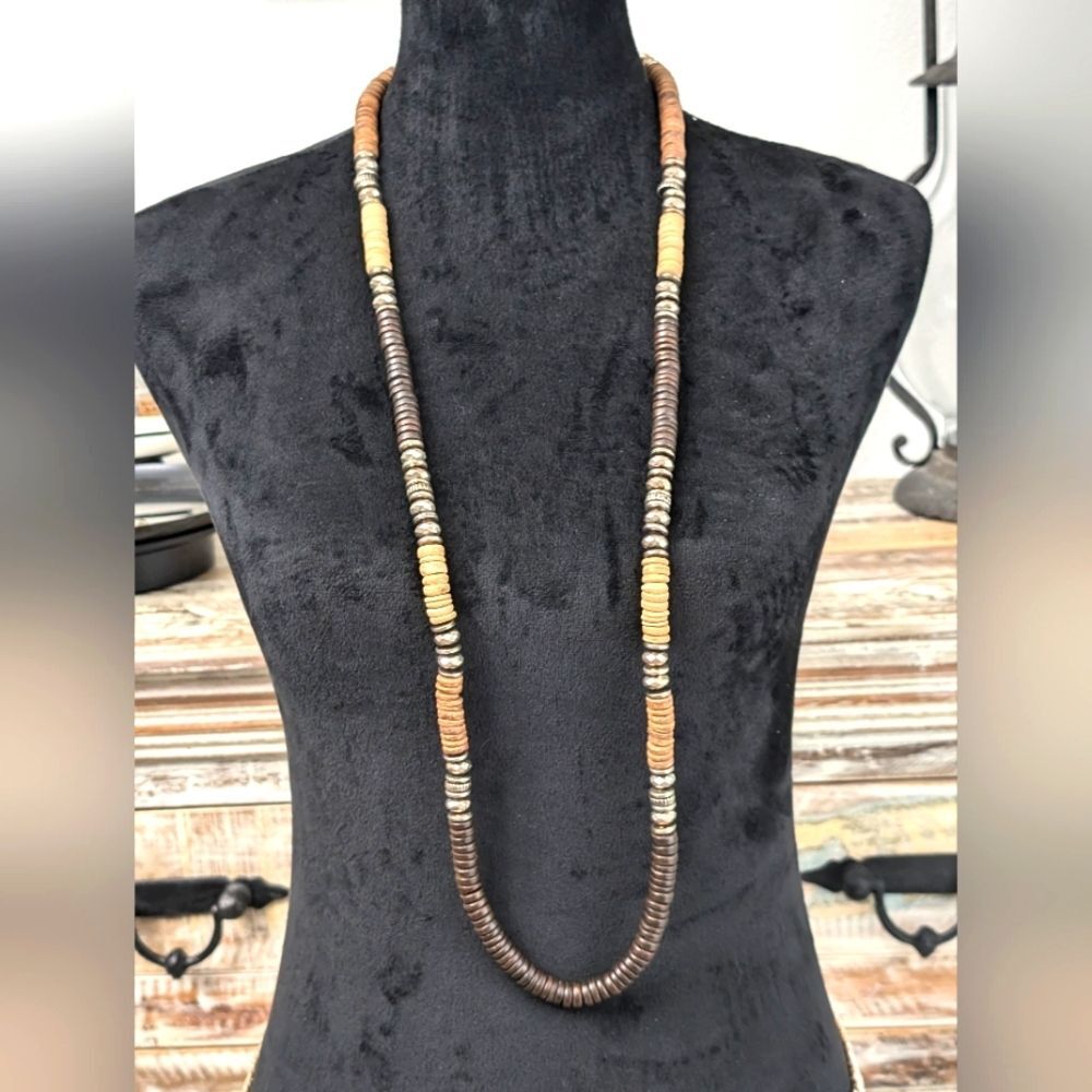 Chico's Boho Style Wood And Antique Silver Tone Necklace